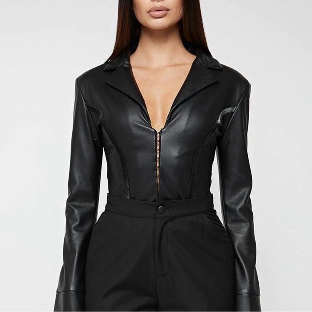 Maniere DeVoir Black Faux Leather Plunge Long Sleeve Bodysuit